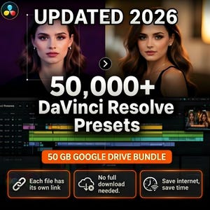 Puede incluir: Un anuncio de ajustes preestablecidos de DaVinci Resolve. La imagen presenta dos retratos de una mujer, el texto "UPDATED 2026" y "50,000+ DaVinci Resolve Presets". Texto adicional incluye "50 GB GOOGLE DRIVE BUNDLE" y otros detalles.