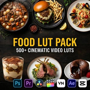 Mais de 500 LUTs de alimentos para vídeos de culinária, predefinições de correção de cores cinematográficas, compatíveis com Premiere Pro, DaVinci Resolve e CapCut.