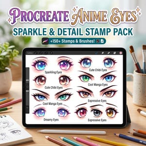 Op de afbeelding: Een digitale tablet toont een Procreate Anime Eyes stempelpakket. Het scherm toont verschillende anime-oogontwerpen met de labels "Sparkling Eyes", "Cute Chibi Eyes", "Cool Manga Eyes", "Dreamy Eyes" en "Expressive Eyes". Kleurpotloden omringen de tablet.