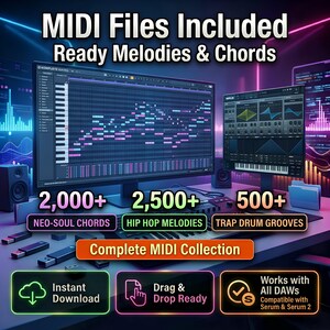 May include: A digital music production setup with two computer monitors displaying music software interfaces. The image includes the text "MIDI Files Included" and "Complete MIDI Collection". The image also shows USB drives and a MIDI keyboard.