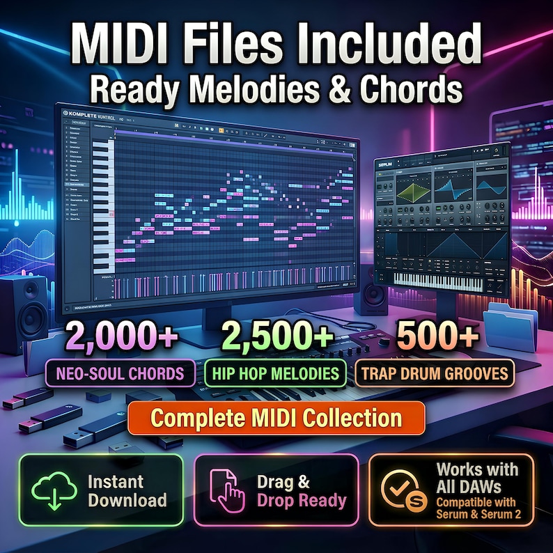May include: A digital music production setup with two computer monitors displaying music software interfaces. The image includes the text "MIDI Files Included" and "Complete MIDI Collection". The image also shows USB drives and a MIDI keyboard.