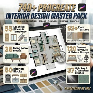 740+ Procreate Interior Design Stamps Bundle | Furniture Architecture Brushes Floor Plans Layout Blocks | iPad Decor Sketch Kit & Texture