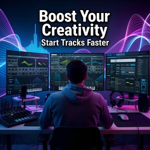 May include: A person sits at a desk with three computer monitors displaying music production software. The monitors are surrounded by audio equipment, including a mixing board, microphone, and headphones. The text "Boost Your Creativity Start Tracks Faster" is at the top.