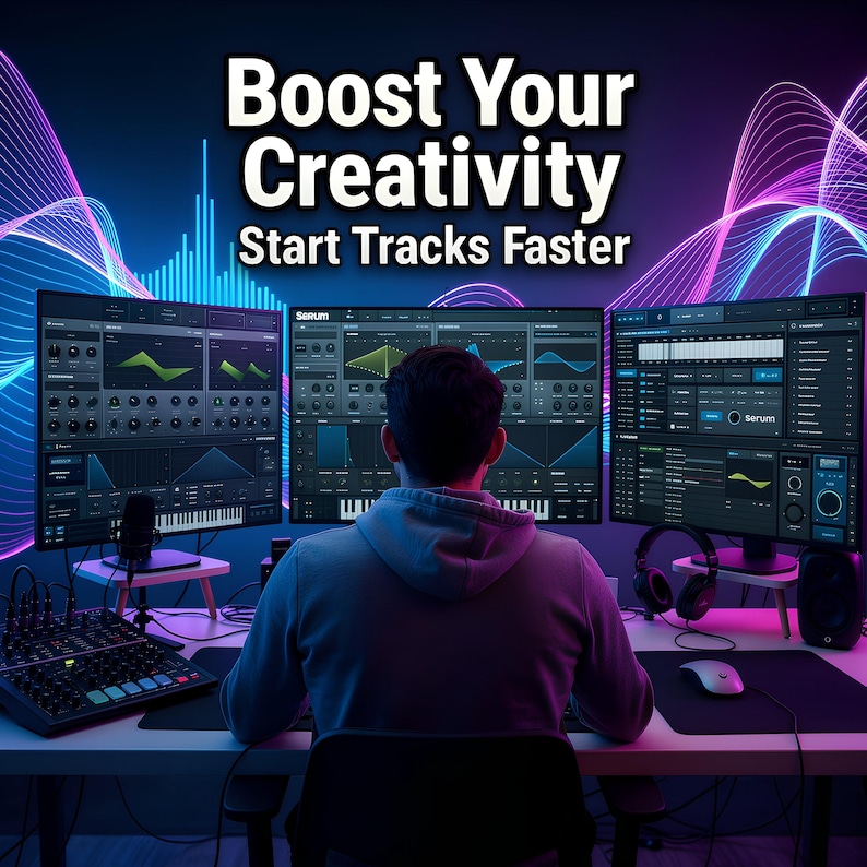 May include: A person sits at a desk with three computer monitors displaying music production software. The monitors are surrounded by audio equipment, including a mixing board, microphone, and headphones. The text "Boost Your Creativity Start Tracks Faster" is at the top.