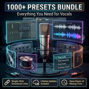 May include: A silver condenser microphone in a black shock mount surrounded by glowing digital panels displaying audio waveforms, mixing software interfaces, and text including 1000+ PRESETS BUNDLE, Everything You Need for Vocals, and Trap Leads.