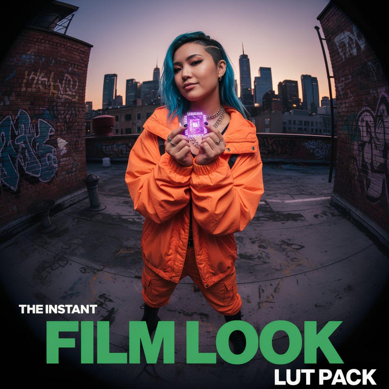 May include: A person with blue hair wearing an orange jacket and pants holds a glowing purple square. The text "THE INSTANT FILM LOOK LUT PACK" is displayed in green at the bottom of the image. The background features a city skyline.