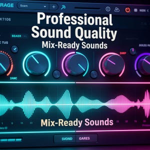 May include: A digital audio workstation interface with the text "Professional Sound Quality" and "Mix-Ready Sounds". The interface features knobs and a waveform display, with a color scheme of blue, pink, and purple.