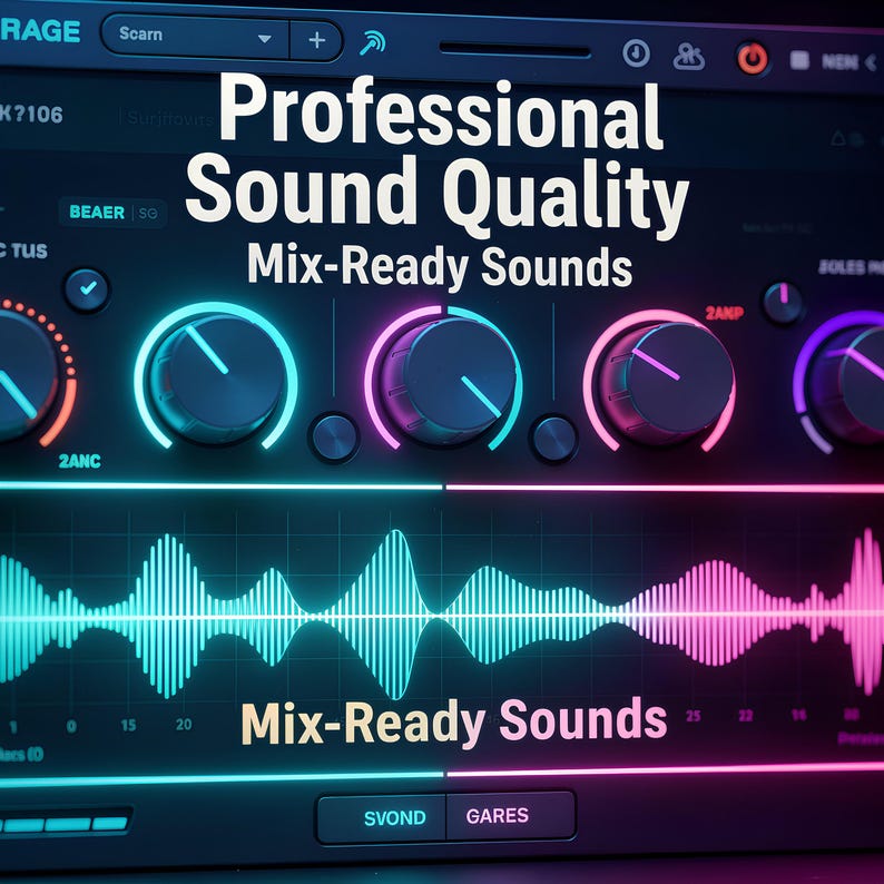 May include: A digital audio workstation interface with the text "Professional Sound Quality" and "Mix-Ready Sounds". The interface features knobs and a waveform display, with a color scheme of blue, pink, and purple.
