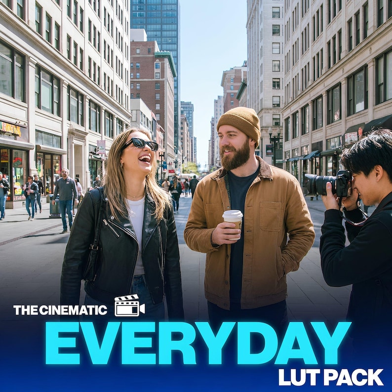 May include: A street scene with three people, two smiling and one taking a photo. The text "THE CINEMATIC EVERYDAY LUT PACK" is at the bottom. The people are in front of tall buildings on a sunny day.