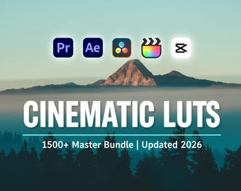 May include: Image features the text "CINEMATIC LUTS" with "1500+ Master Bundle | Updated 2026" below it. Above the text are icons for video editing software, set against a backdrop of a mountain range and a teal sky.