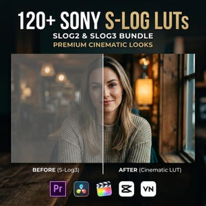 May include: Image showcasing a before-and-after comparison of a video's color grading. The text reads "120+ SONY S-LOG LUTS" and "SLOG2 & SLOG3 BUNDLE PREMIUM CINEMATIC LOOKS." The "before" side is desaturated, while the "after" side is vibrant. Software icons are at the bottom.