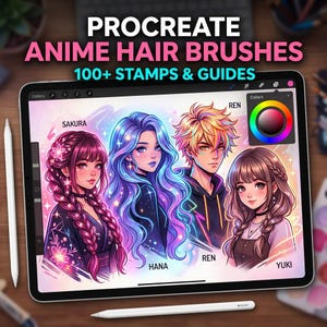 Könnte beinhalten: Digitale Illustration auf einem Tablet, das Anime-Haarbürsten für Procreate zeigt. Das Bild zeigt vier Anime-Charaktere mit bunten Haaren, den Text "PROCREATE ANIME HAIR BRUSHES 100+ STAMPS & GUIDES" und ein Farbrad.
