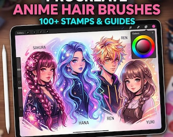 Procreate Anime Hair Brushes, 100+ Manga Hair Stamp Brushes, Chibi Hair Guides, Drawing Reference Stamps for iPad Procreate