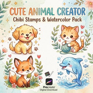 Peut inclure: Pack d'illustrations numériques à l'aquarelle avec des animaux mignons. Comprend un chiot souriant, un chaton avec de la laine, un renard avec une feuille et un dauphin. Le texte indique "Cute Animal Creator" et "Chibi Stamps & Watercolor Pack".