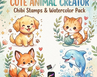 Procreate Cute Animal Stamps, Cartoon Creature Maker, Ocean Animals, Watercolor Nature Brushes, Chibi Animal Guides for Procreate
