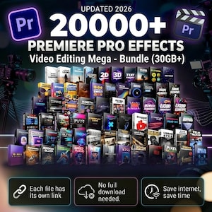 May include: A promotional image for Premiere Pro effects. The image features a large stack of boxed software, with the text "20000+ Premiere Pro Effects" and "Video Editing Mega - Bundle (30GB+)". Additional text includes "Each file has its own link", "No full download needed", and "Save internet, save time".