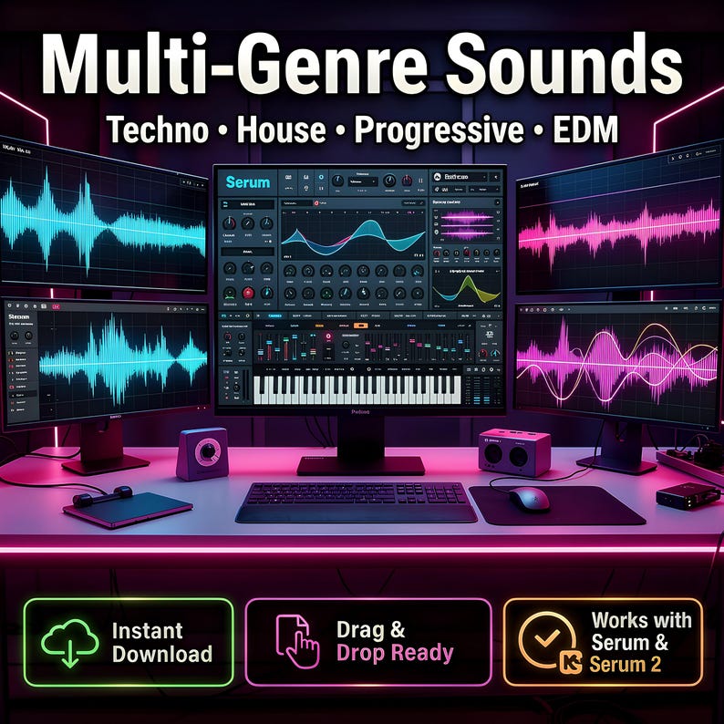 May include: A computer workstation with multiple monitors displaying audio waveforms and a music production interface. The text "Multi-Genre Sounds" and music genres are displayed at the top. The interface includes a keyboard and various controls. Icons indicate "Instant Download", "Drag & Drop Ready", and "Works with Serum & Serum 2".