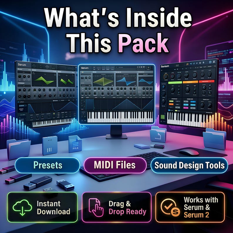 May include: Digital music production pack with the text "What's Inside This Pack." The image shows computer screens with music software interfaces, labeled "Serum." Features include presets, MIDI files, sound design tools, and instant download.