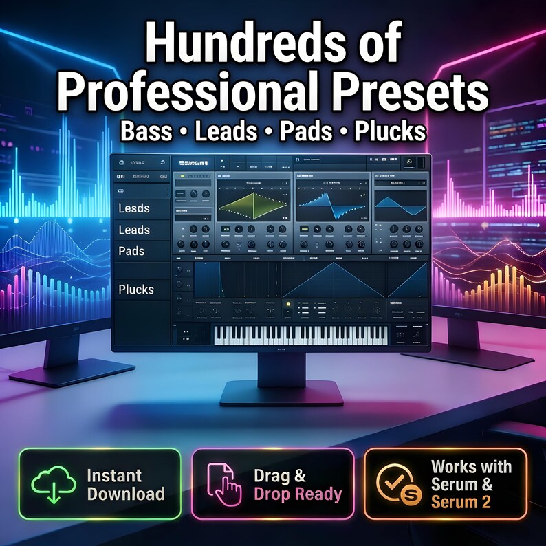 May include: A digital music production interface with the text "Hundreds of Professional Presets" and "Bass &bull; Leads &bull; Pads &bull; Plucks." The screen displays a music production software interface. Below are the words "Instant Download" and "Drag & Drop Ready."