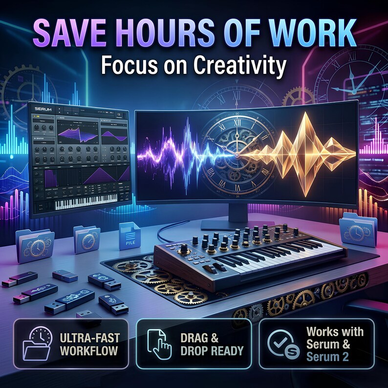May include: A digital workstation setup with a curved monitor displaying audio waveforms and a synthesizer keyboard. The image includes the text "SAVE HOURS OF WORK Focus on Creativity", and icons for "ULTRA-FAST WORKFLOW", "DRAG & DROP READY", and "Works with Serum & Serum 2".