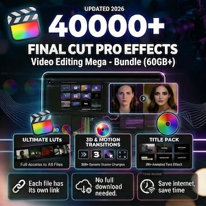 May include: A promotional graphic for Final Cut Pro effects, featuring the text "40000+" and "Video Editing Mega - Bundle (60GB+)". The image includes icons for Ultimate LUTs, 3D & Motion Transitions, and a Title Pack, along with other features.