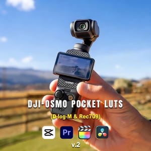May include: A black DJI Osmo Pocket camera with a small screen showing a video. The text "DJI-OSMO POCKET LUTS" and "(D-log-M & Rec709)" are displayed. Icons for video editing software are also present. The camera is held against a backdrop of a blue sky and a blurred landscape.