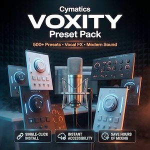 Può includere: Immagine pubblicitaria del pacchetto di preset Cymatics VOXITY. L'immagine presenta un microfono, apparecchiature di missaggio audio e il testo "500+ Presets • Vocal FX • Modern Sound". Il testo aggiuntivo include "Single-Click Install", "Instant Accessibility" e "Save Hours of Mixing".