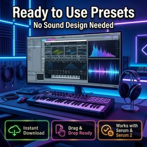May include: A digital audio workstation setup featuring a computer monitor displaying music production software. A MIDI keyboard, headphones, and other audio equipment are visible. Text reads "Ready to Use Presets" and "No Sound Design Needed."