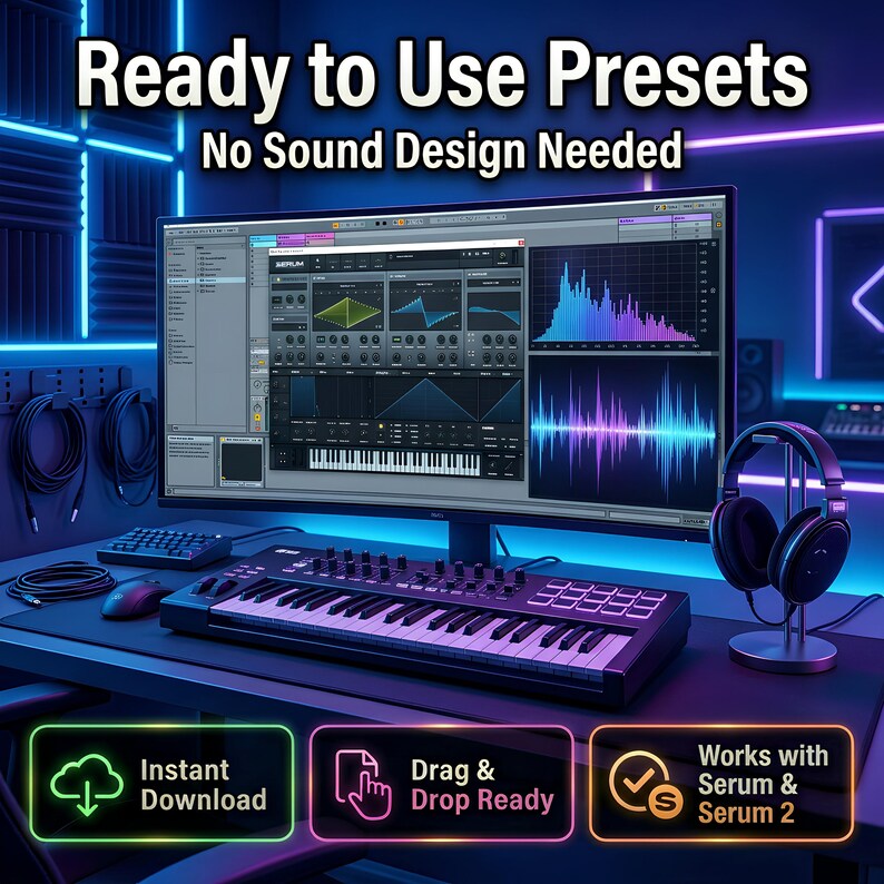 May include: A digital audio workstation setup featuring a computer monitor displaying music production software. A MIDI keyboard, headphones, and other audio equipment are visible. Text reads "Ready to Use Presets" and "No Sound Design Needed."