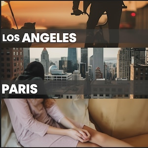 May include: Image with the text "LOS ANGELES" over a silhouette of a person riding a bicycle. The text "PARIS" is over a cityscape. A person is sitting on a couch in a pink striped dress.