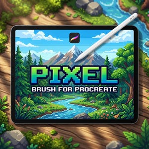 Puede incluir: Una tableta digital muestra un paisaje de arte pixelado con montañas, un río y árboles. El texto "PIXEL BRUSH FOR PROCREATE" se destaca. Un lápiz óptico blanco descansa sobre la pantalla, sobre un fondo de madera.