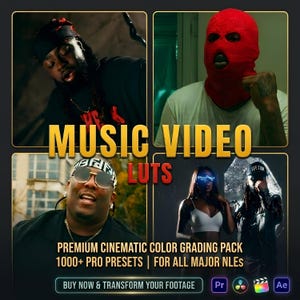 May include: A promotional image for music video LUTs, featuring four panels with images of people and the text "MUSIC VIDEO LUTS". The bottom text reads "PREMIUM CINEMATIC COLOR GRADING PACK 1000+ PRO PRESETS | FOR ALL MAJOR NLES".
