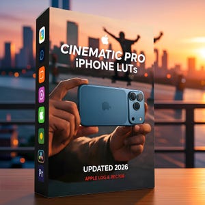 Puede incluir: Una caja de producto con un iPhone azul con tres cámaras. La caja tiene el texto "CINEMATIC PRO IPHONE LUTS UPDATED 2026 APPLE LOG & REC709". El fondo muestra un paisaje urbano al atardecer con siluetas.