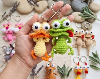 Handmade Ugly Cute Crochet Keychain, Funny Amigurumi Frog Duck Animal Bag Charm Plushie