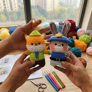 Crochet Fox and Bunny Keychain, Handmade Nick Judy Zootopia Amigurumi Plushie Bag Charm image 1