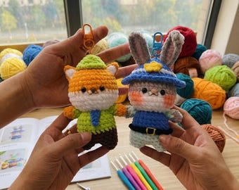 Crochet Fox and Bunny Keychain, Handmade Nick Judy Zootopia Amigurumi Plushie Bag Charm