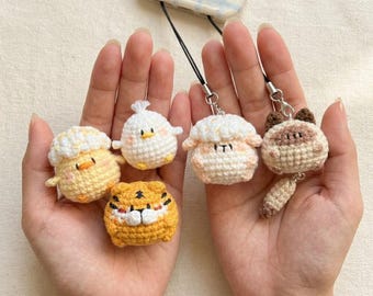 かぎ針編み動物キーホルダー、かわいいあみぐるみ携帯チャーム、手作り猫羊虎アヒルぬいぐるみキーホルダー、かわいいバッグチャームギフト