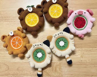 かぎ針編みコースターセット、手作り、かわいい動物マグマット、クマ、ネコ、ブタのドリンクコースター、かわいいホームデコレーション、彼女へのギフト