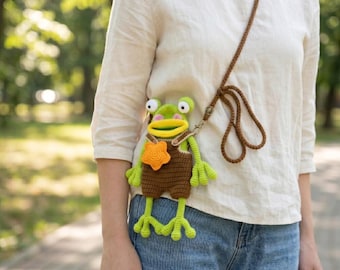 Crochet Frog Phone Bag, Cute Frog Crossbody Bag, Handmade Kawaii Shoulder Bag, Frog Purse for Phone, Animal Crochet Bag