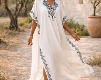 Embroidered Moroccan Kaftan Dress – White Boho Maxi Cover-Up