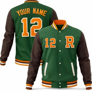 May include: Green and brown varsity jacket with orange and white accents. The jacket features the number 12 in orange with a white outline on the front and back, along with the letter "R" on the front. The back of the jacket has the text "YOUR NAME".