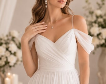 Abito da sposa a trapezio in chiffon, abito da sposa da spiaggia con spalle scoperte e spacco