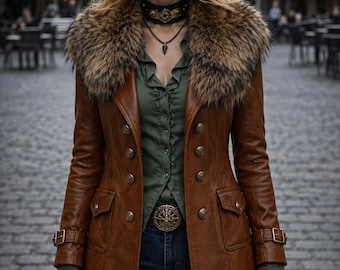 Women Brown Leather Coat Genuine Leather Fur Collar Long Jacket Vintage Style