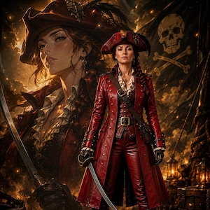 May include: A long, deep red leather coat worn over matching trousers, paired with a ruffled white shirt, a dark belt, and a tricorn hat. The outfit includes black gloves and tall red leather boots, with a silver sword held in the right hand.