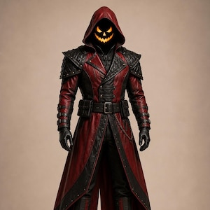 May include: A long, hooded coat in deep red and black, featuring structured shoulder pads, a waist belt with pouches, and a silver chain detail. The outfit includes black gloves and tall boots, paired with a glowing, carved jack-o'-lantern face mask.