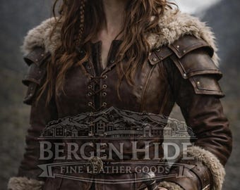 Women Viking Leather Armor Jacket Genuine Leather Fur Trim Medieval Warrior Coat