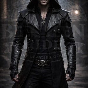Men Black Leather Trench Coat Genuine  Gothic Hooded Long Coat Biker Style Outfit