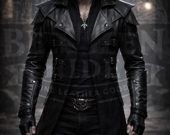 Trench-coat en cuir noir pour homme, véritable manteau long à capuche gothique, tenue de style motard
