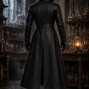 May include: A full-length black leather coat worn with a matching top hat, gloves, and boots. The coat features a structured collar, a belted waist, and a long back vent. The ensemble is worn by a figure seen from behind in a dimly lit room.