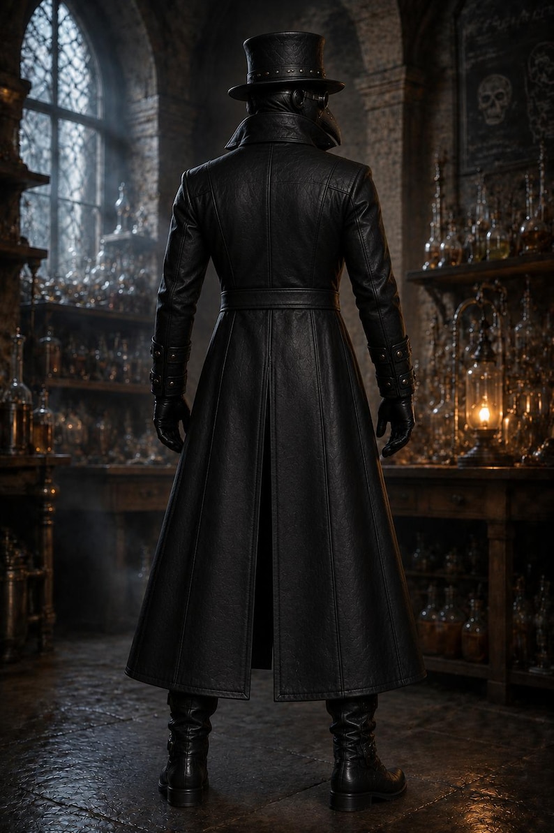 May include: A full-length black leather coat worn with a matching top hat, gloves, and boots. The coat features a structured collar, a belted waist, and a long back vent. The ensemble is worn by a figure seen from behind in a dimly lit room.